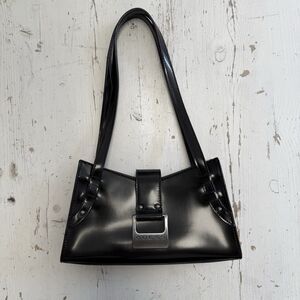 VTG Guess Black Patent Shoulder Micro Bag Y2K Rectangle Buckle Logo Purse Retro